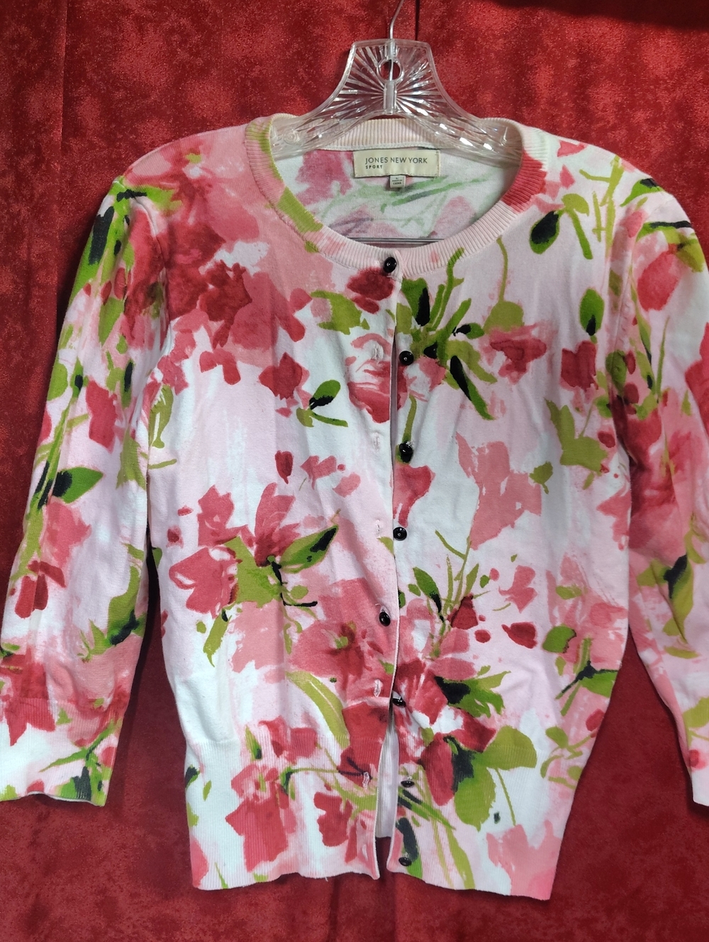 Jones New York White Cardigan with Pink & Green Floral Print